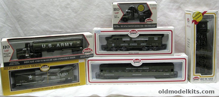 Model Power HO US Army Train Set-F2 Locomotive-Exploding Ammo Car-Troop Carrier Coach-US Army Lighted Water Tower-Tractor and Tanker Trailer-Tow Truck - HO Scale plastic model kit